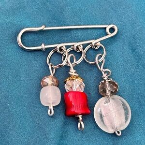 Collage Brooch Multi Charm Beads Dangle Safety Pin, Kilt Handmade OOAK 4370